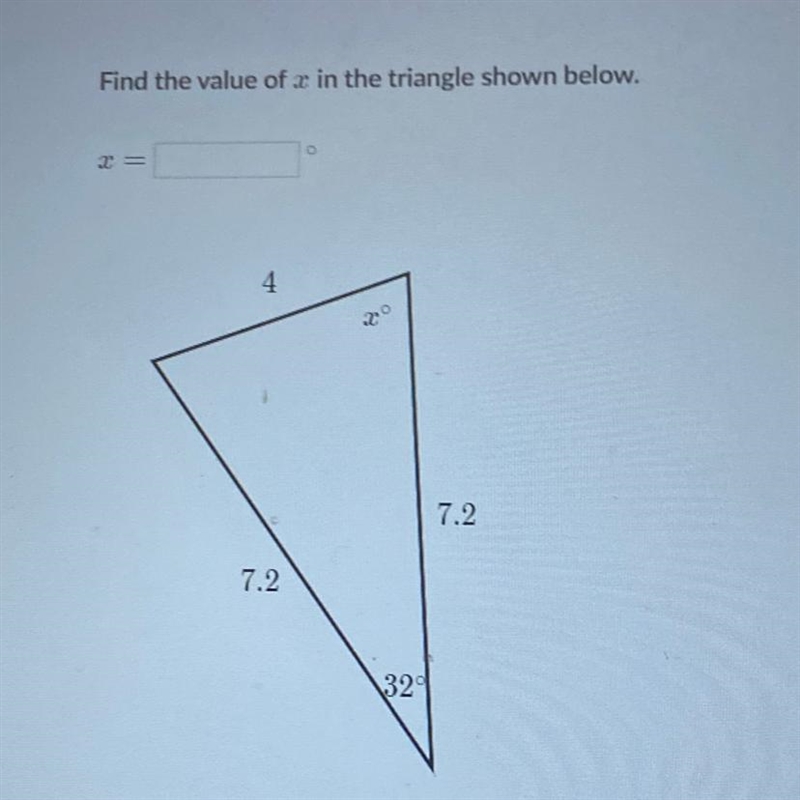 Answer pleaseeeee Find the value of x in the triangle shown below.-example-1