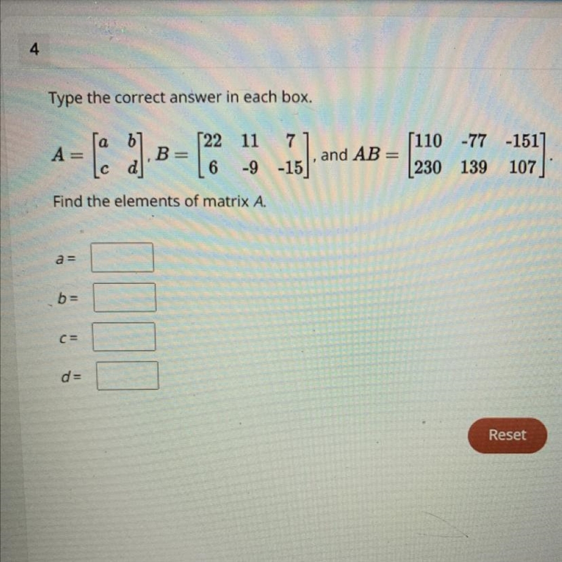 Type the correct answer in each box. Find the elements of matrix A. help PLS!!-example-1