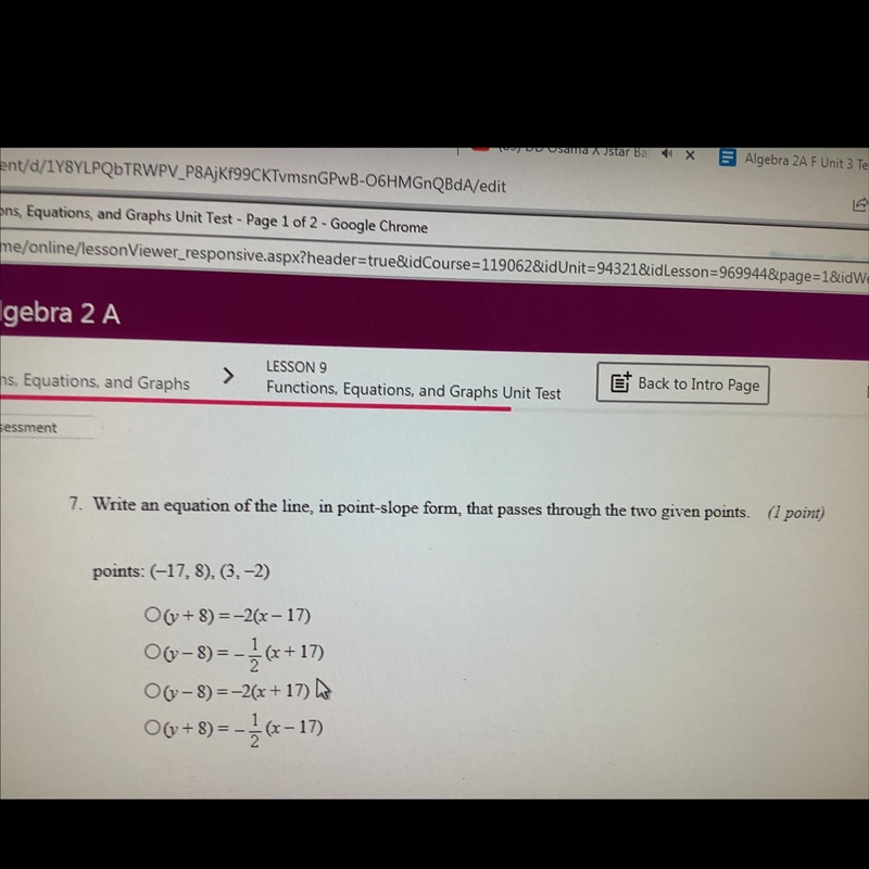 Write an equation of the line, in point-slope form, that passes through the two given-example-1