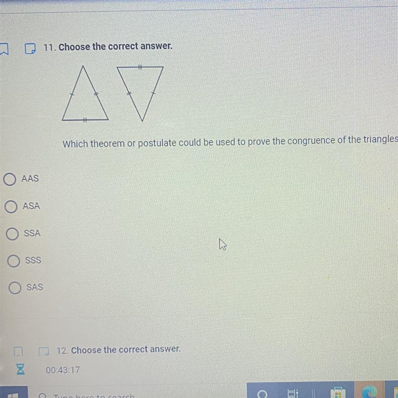 11. Choose the correct answer. Which theorem or postulate could be used to prove the-example-1