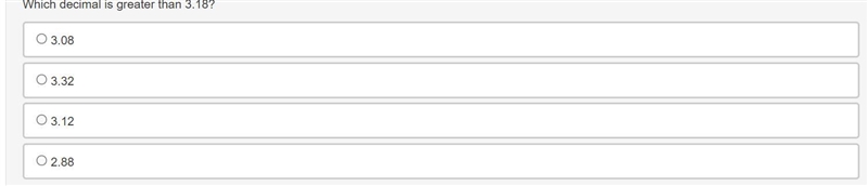 Which decimal is greater than 3.18? A) 3.08 B) 3.32 C) 3.12 D) 2.88-example-1