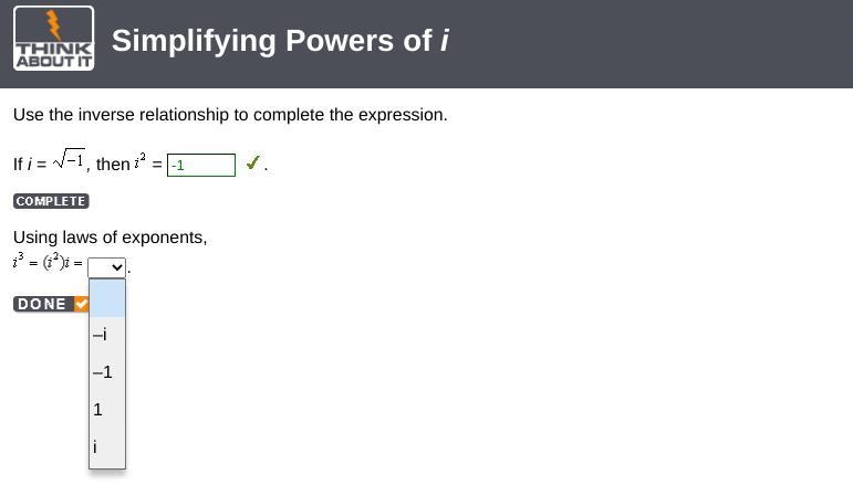 Using the law of exponents to solve: A) -i B) -1 C) 1 D) i-example-1