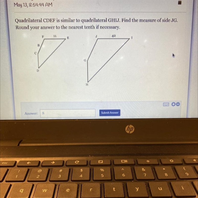 Quadrilateral CDEF is similar to quadrilateral GHIJ. Find the measure of side JG. Round-example-1