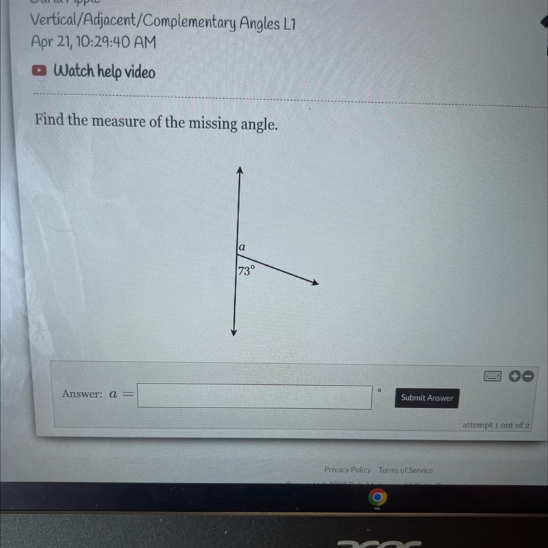 Find the measure of the missing angle of-example-1