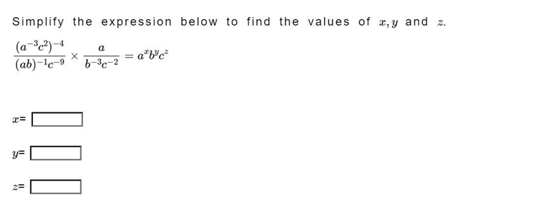 Simplify the expression to find the values of x,y, and z-example-1