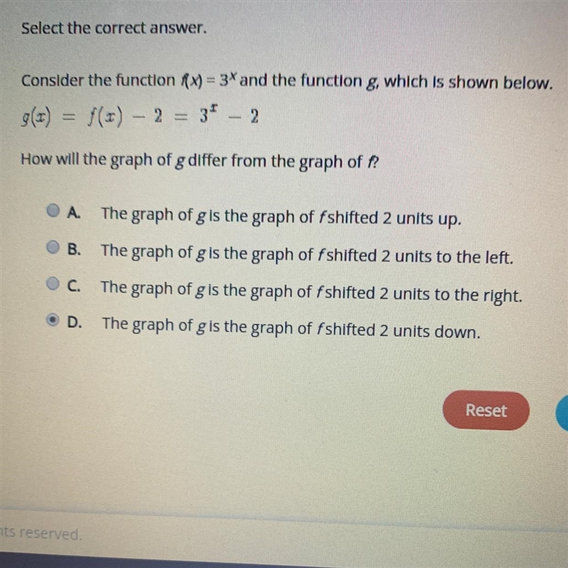 Select the correct answer. Consider the function f(x) = 3x and the function g, which-example-1