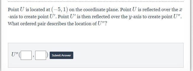 Point UU is located at (-5,1)(−5,1) on the coordinate plane. Point UU is reflected-example-1