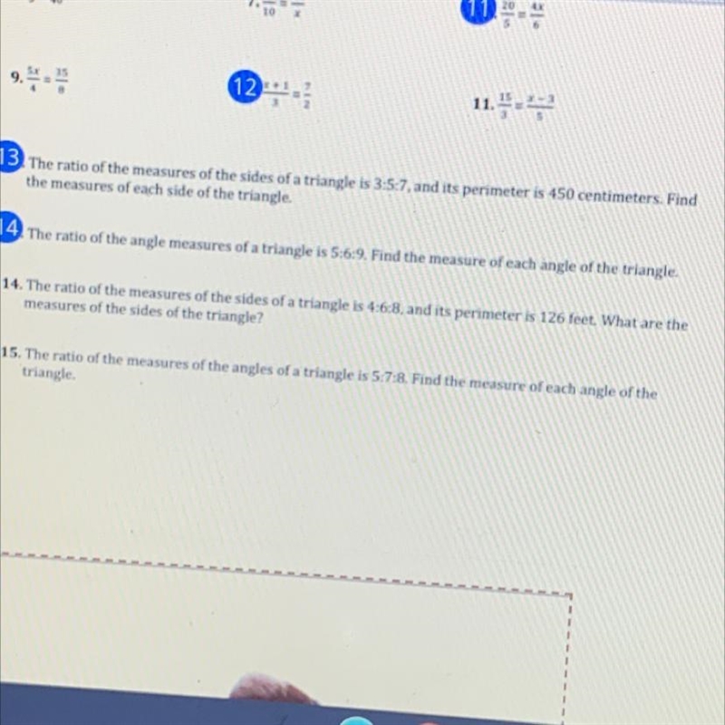 The ratio of the angle measures of a triangle is 5:6:9. Find the measure of each angle-example-1