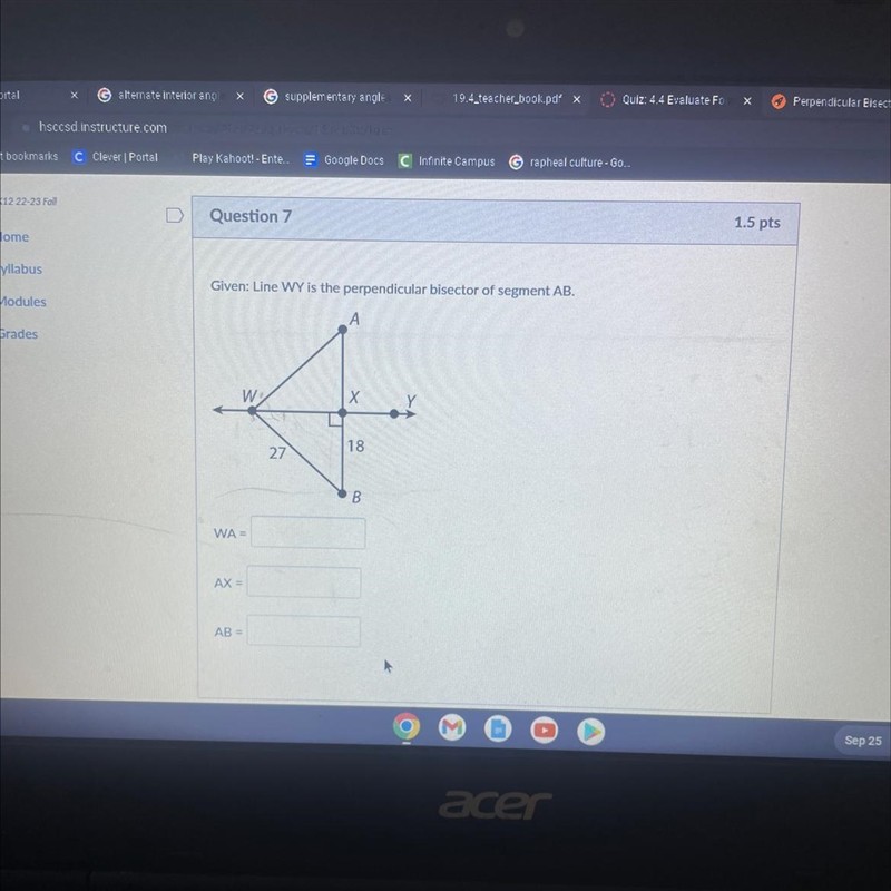 Line WY is the perpendicular bisector of segment AB.-example-1