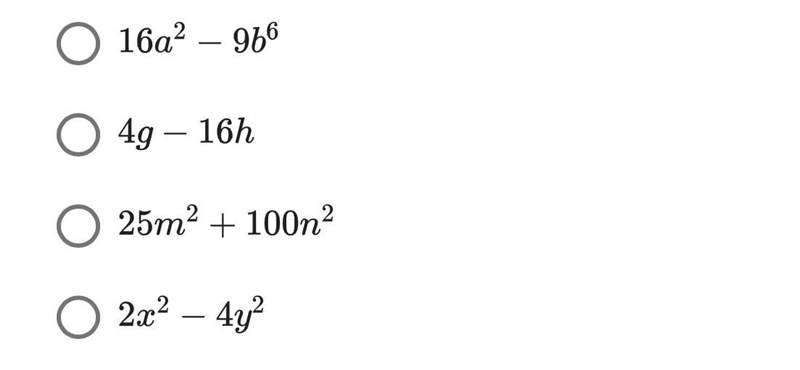 Which of the following is the difference of two squares?-example-1