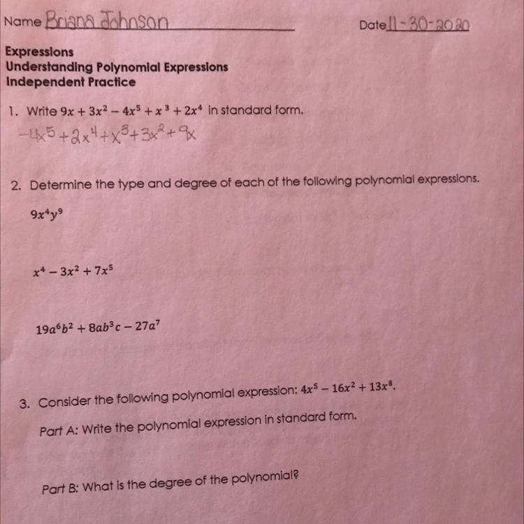 2. Determine the type and degree of each of the following polynomial expressions.9x-example-1