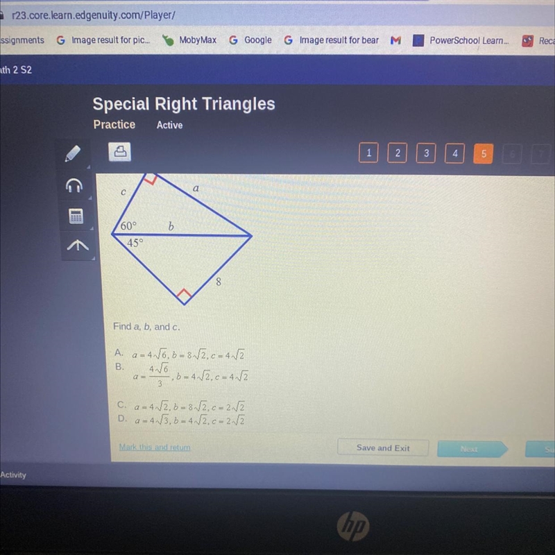 A С b 60° 45° Find a, b, and c.-example-1