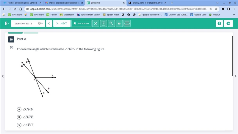 Choose the angle which is vertical to angle BFC in the following figure. answer A-example-1