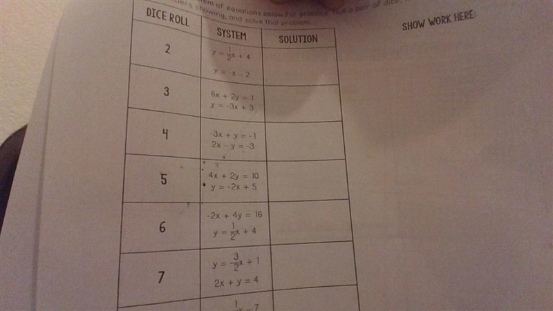 Solve each system of equations below for practce. Roll a pair of dice, find the sum-example-1