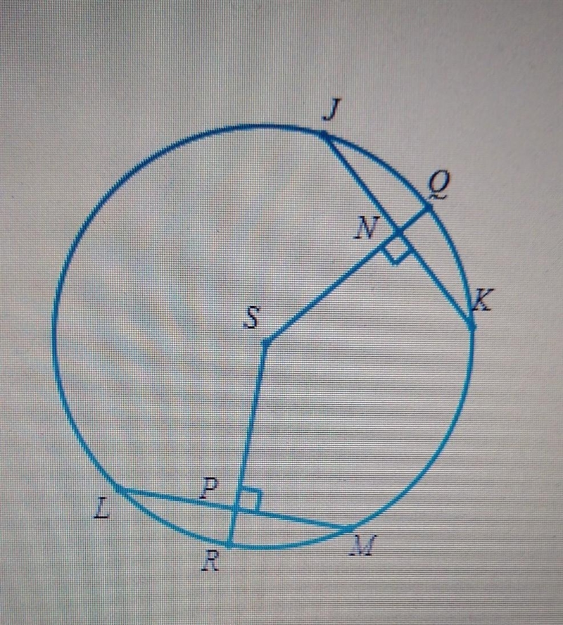 In the figure below, S is the center of the circle. Suppose that JK= 2x-2,LM=12, SN-example-1