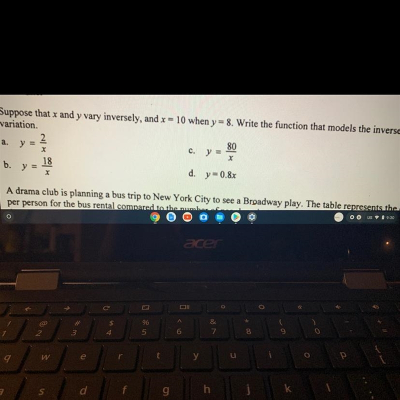 Help please:Suppose that x and y inversely, and x=10 when y=8 write the function that-example-1