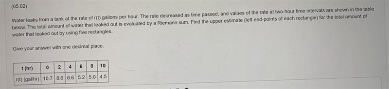 Water leaks from a tank at the rate of r(t) gallons per hour. The rate decreased as-example-1