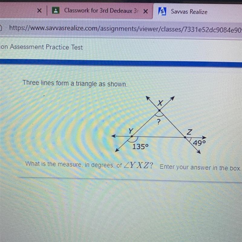 Three lines form a triangle as shown. Y 49° 135⁰ What is the measure, in degrees, of-example-1