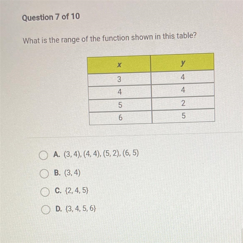 What is the range of the function shown in this table? OA. (3, 4), (4, 4), (5, 2), (6, 5) OB-example-1