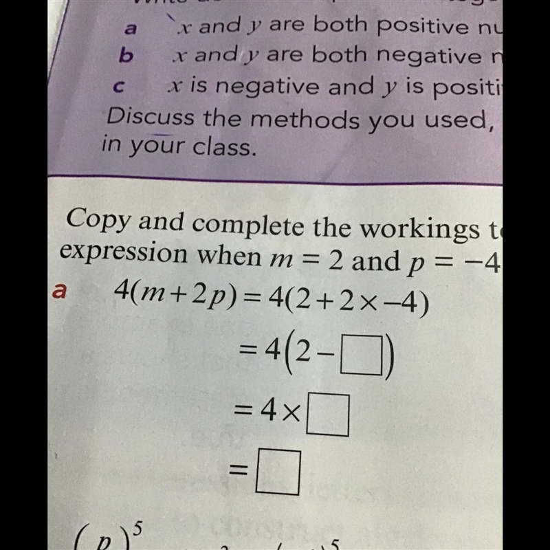 Copy and complete the workings to find the value of each expression when m=2 and p-example-1