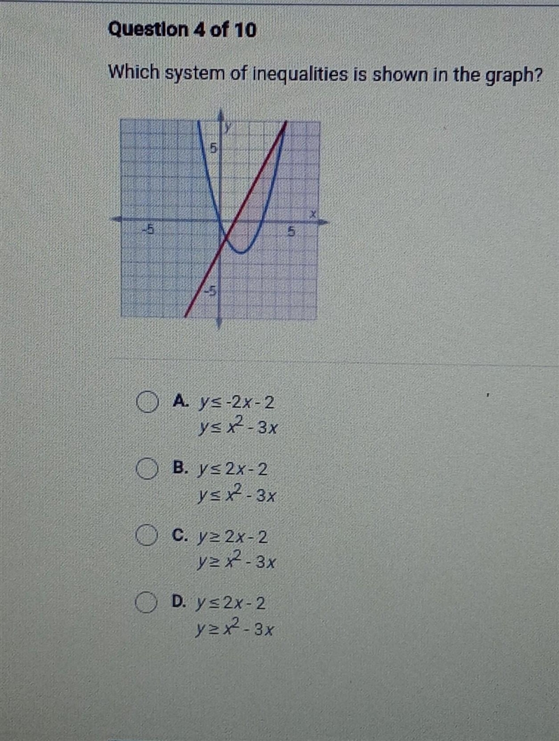 Which system of inequalities is shown in the graph? ​-example-1