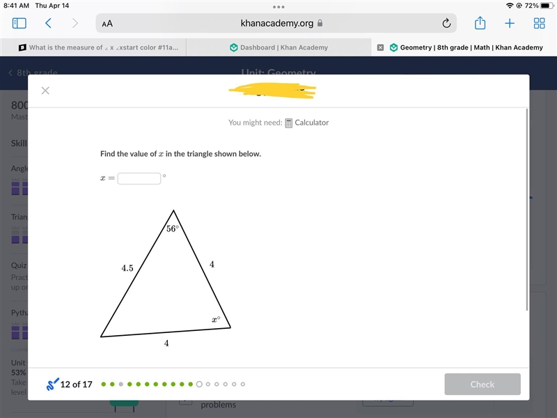 Helppp!!! Find the value of x xx in the triangle shown below. x = x=x, equals ∘ ∘ degrees-example-1