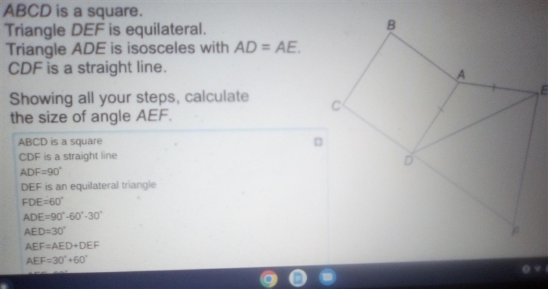 ABCD is a square. Triangle DEF is equilateral. Triangle ADE is isosceles with AD = AE-example-1