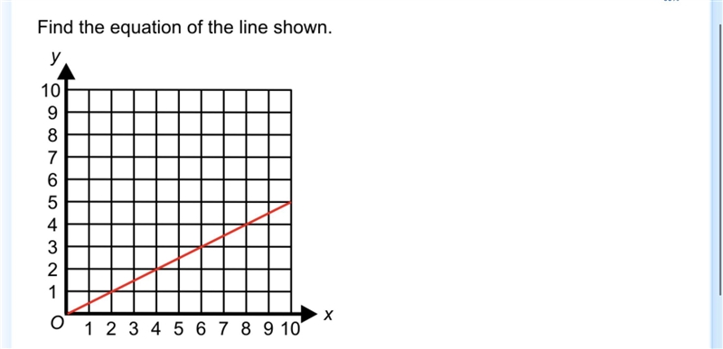 Find the equation of the line shown. coordinates: (0,0) , (10,5)-example-1