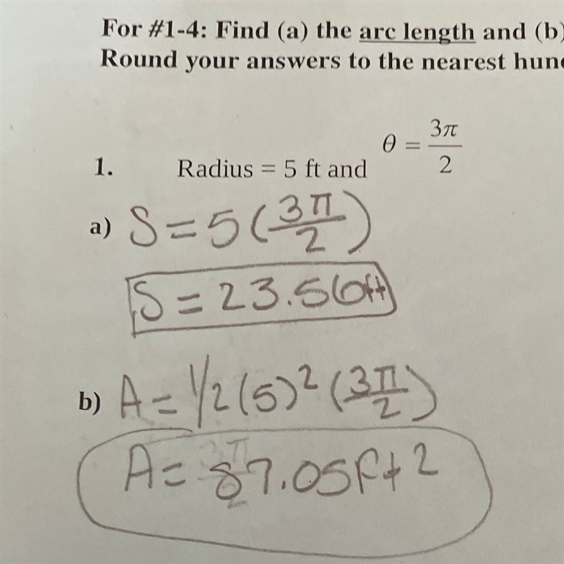 Find (a) the arc length and (b) the area of a sector.-example-1