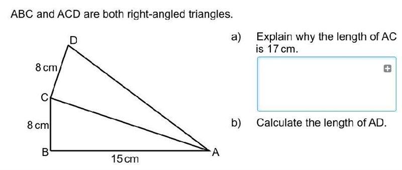 Pythagorus' theorem, explain why the length of AC is 17 cm-example-1