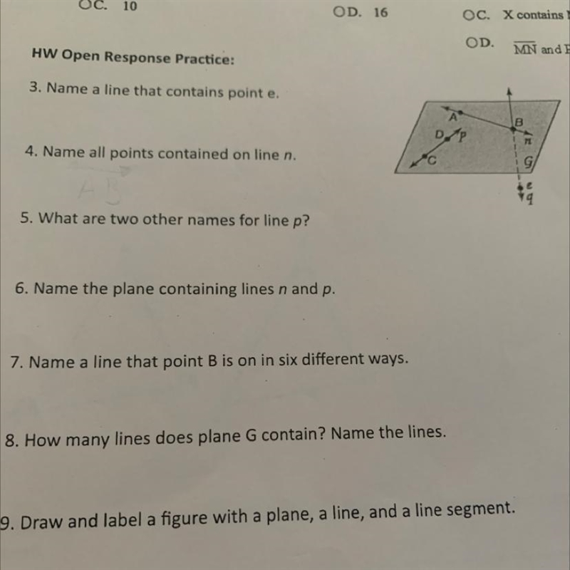 3. Name a line that contains point e. 4. Name all points contained on line n. 5. What-example-1