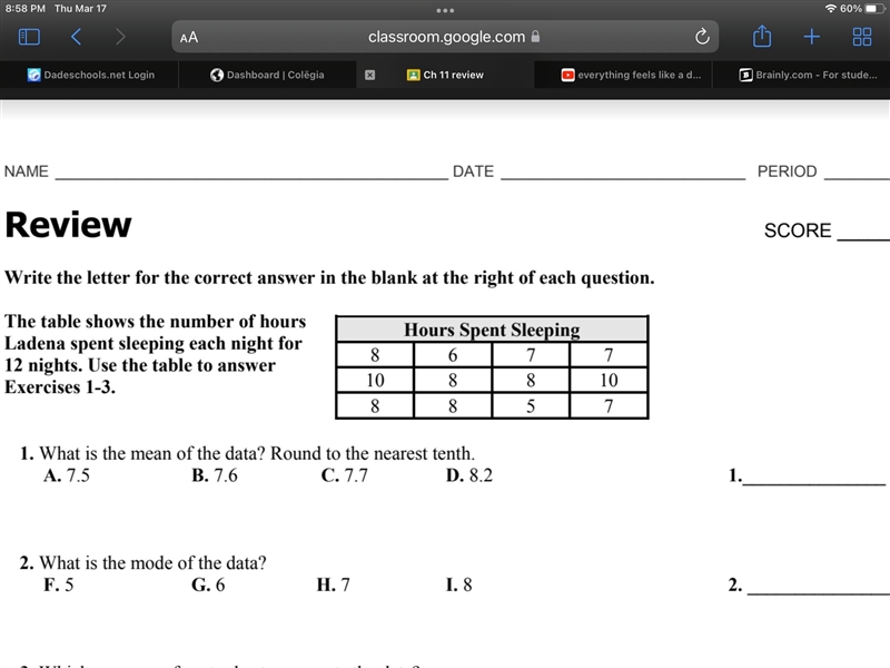 The table shows the number of hours ladena spent sleeping each night for 12 nights-example-1