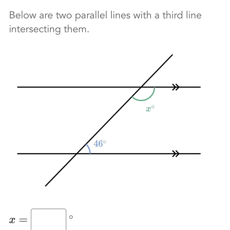 Below are two parallel lines with a third line intersecting them. 46° What is x equal-example-1