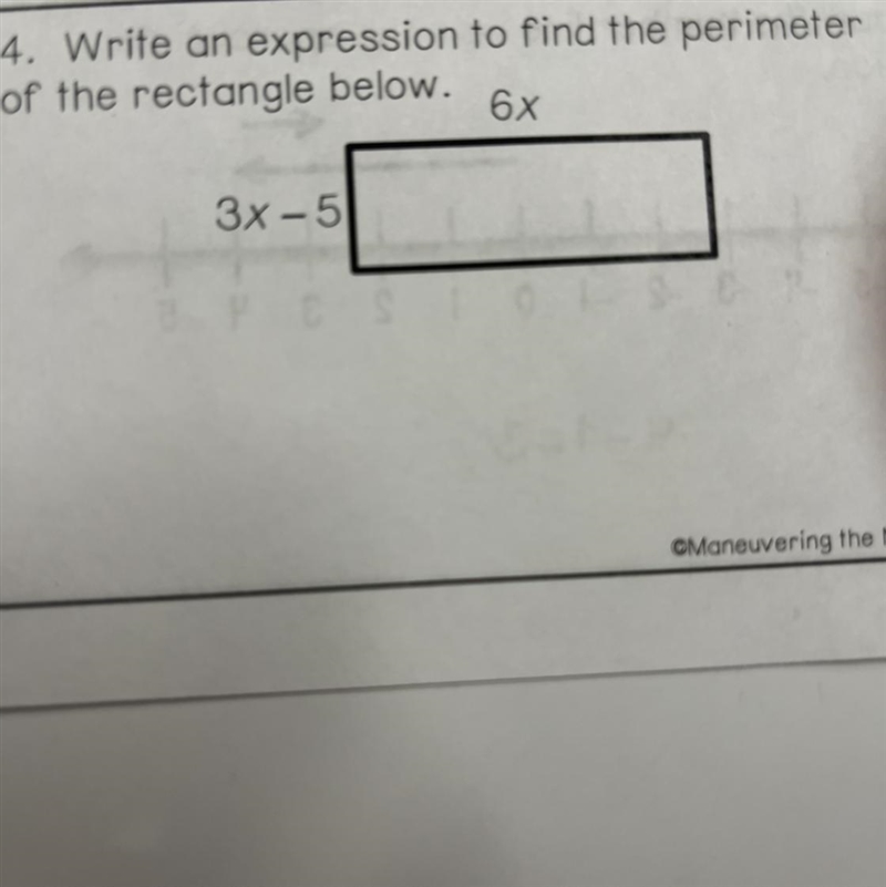 4. Write an expression to find the perimeter of the rectangle below. 6x 3x-5-example-1