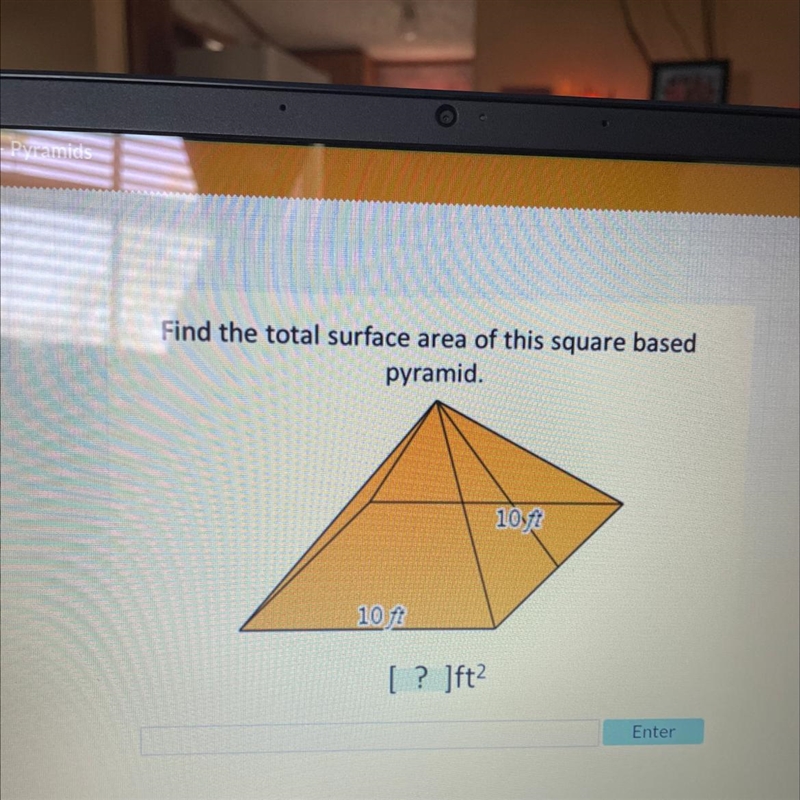 Find the total surface area of this square based pyramid. 10t 10 ft-example-1