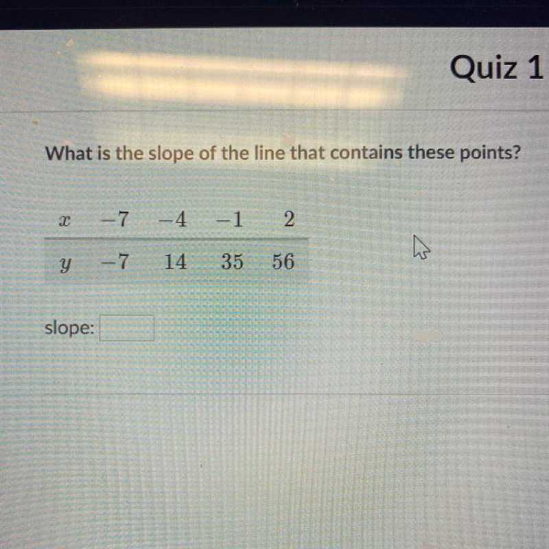 HELP MATH FINAL. What is the slope of the line that contains these points? X -7 -4 -1 2 y-example-1