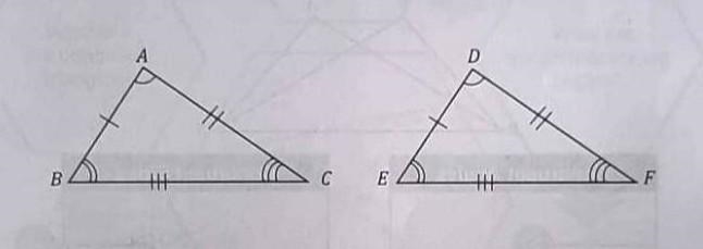 1. What does the mark of the angles and sides of the triangle indicate? 2. Are there-example-1