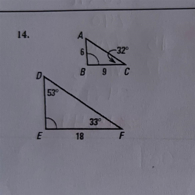 Determine whether the triangles can be proved similar. If they are similar, write-example-1