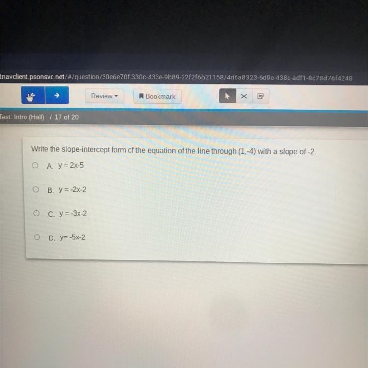 Write the slope intercept of the equation of the line through (1,-4) with a slope-example-1