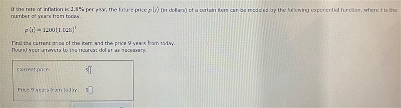 If the rate of inflation is 2.8% per year, the future price p(t) ( in dollars ) of-example-1