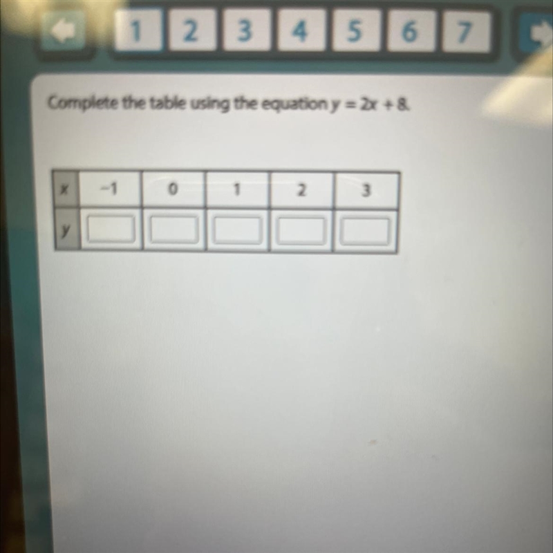 Complete the table using the equation y = 2x + 8. х -1 0 1 2 3 у-example-1