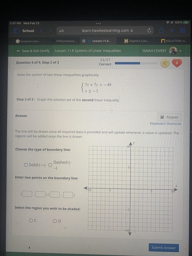 Solve the system of two linear inequalities graphically.S 7x + 7y < - 49xZ-2{Step-example-1