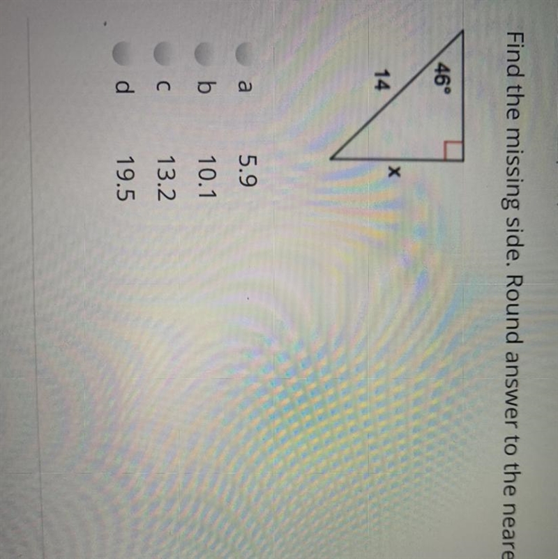 Find the side labeled x. Round the intermediate values to the nearest tenth. Use rounded-example-1