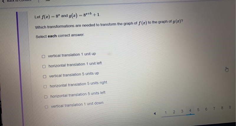 let f(x)=8x and g(x)=8^x+5 +1 which transformations are needed to transform the graph-example-1