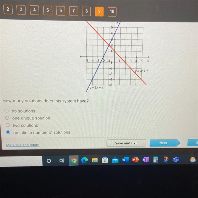 + How many solutions does this system have? O no solutions O one unique solution O-example-1