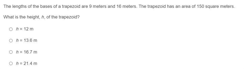 The lengths of the bases of a trapezoid are 9 meters and 16 meters. The trapezoid-example-1