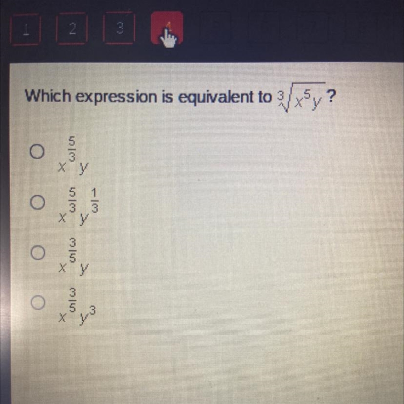 Which expression is equivalent to 3square root x^5y?-example-1