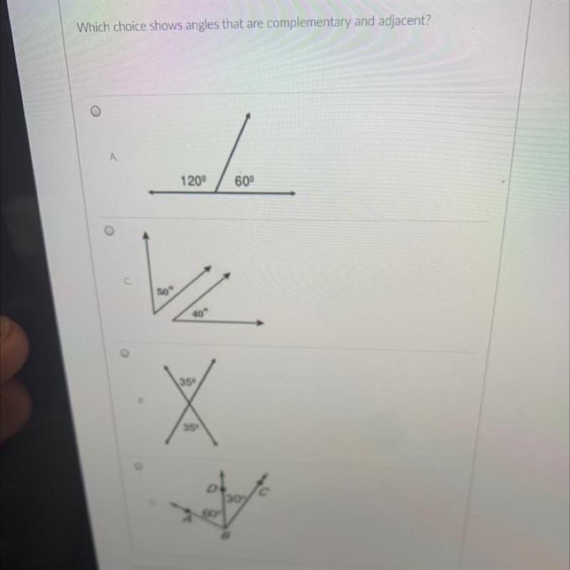 Which choice shows angles that are complementary and adjacent?-example-1