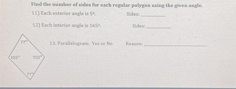 Find the number of sides for each regular polygon using the given angle. 11) Each-example-1