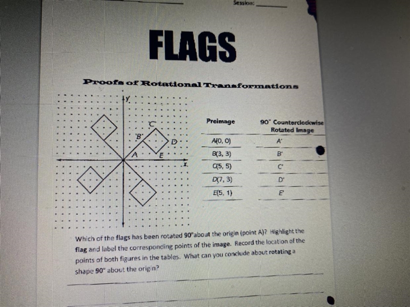 Which of the flags has been rotated 90 degrees about the origin (point A)? Highlight-example-1